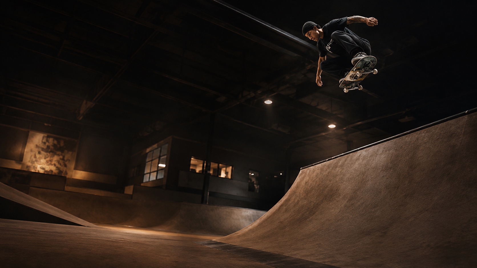 Skater launching an air above a mini ramp at Community Skate Club's indoor skatepark