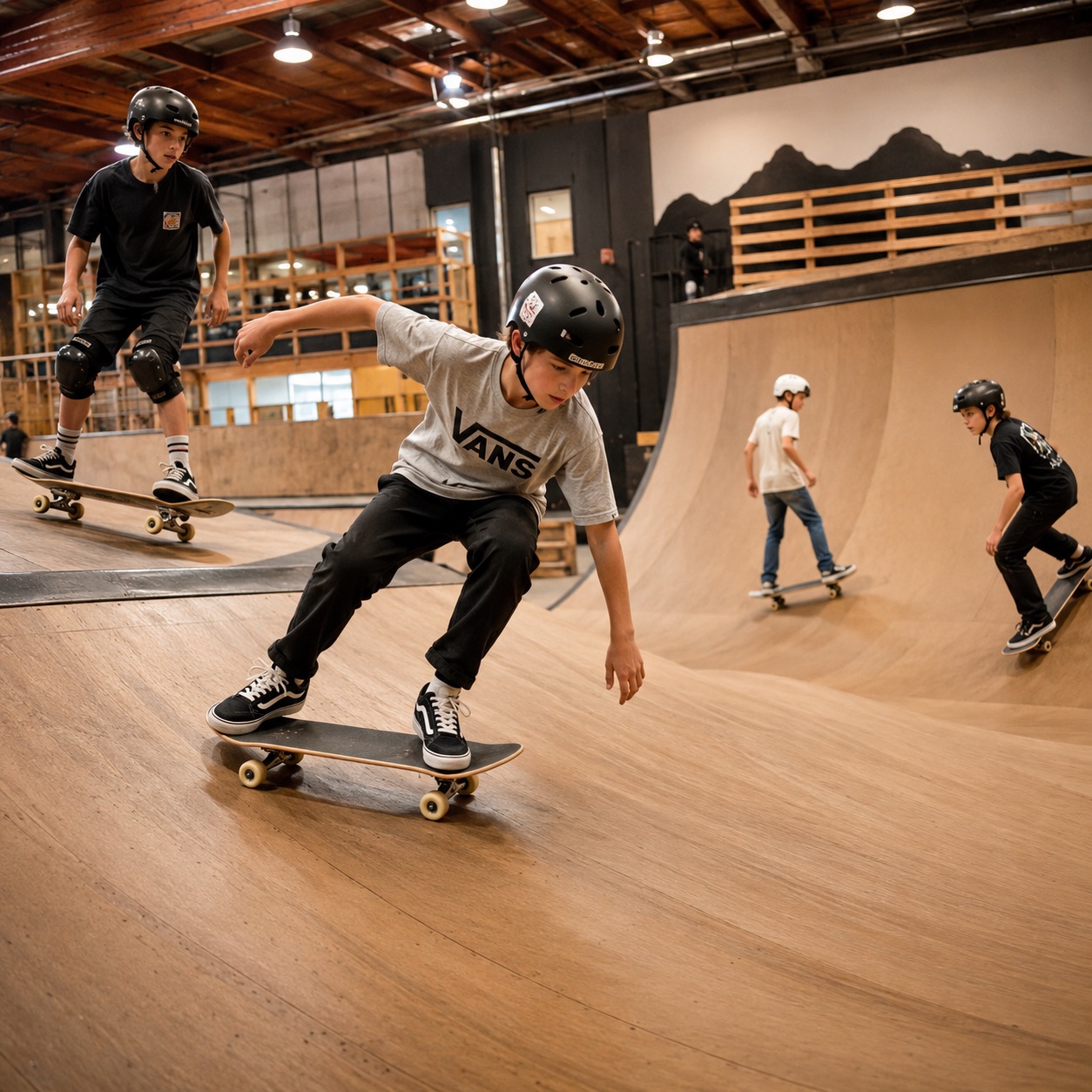 Kids skating ramps during a beginner skate class at Community Skate Club