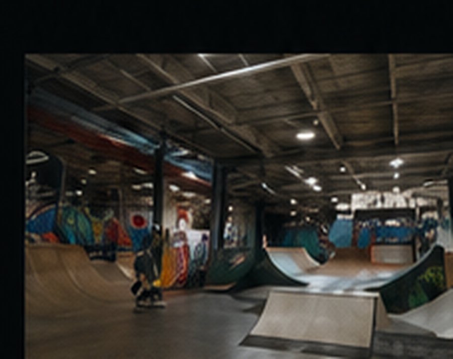 Wide view of the indoor skatepark at Community Skate Club