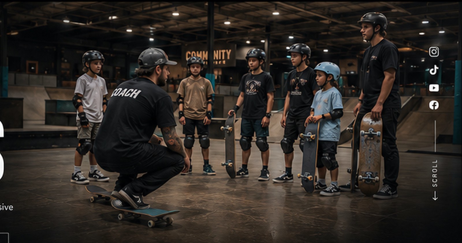 Coach teaching a group skate lesson at Community Skate Club