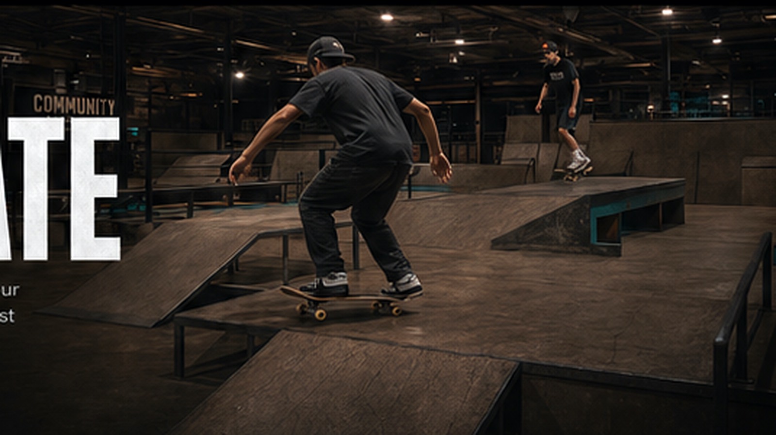 Skater practicing at Community Skate Club's indoor skatepark during Open Skate