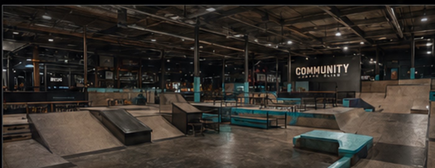 Overview of the indoor skatepark floor at Community Skate Club
